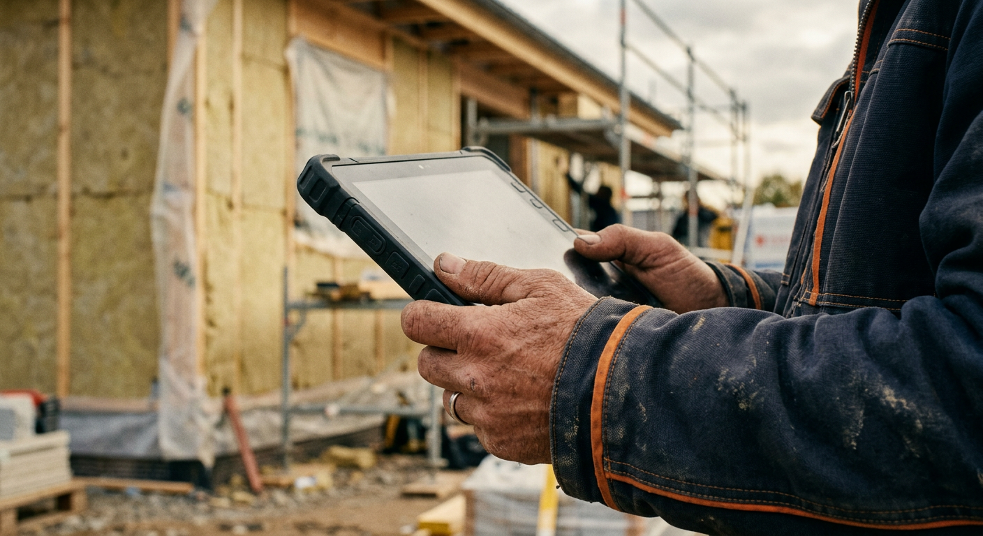 Mains gantées tenant une tablette robuste devant une façade en cours d\u2019isolation